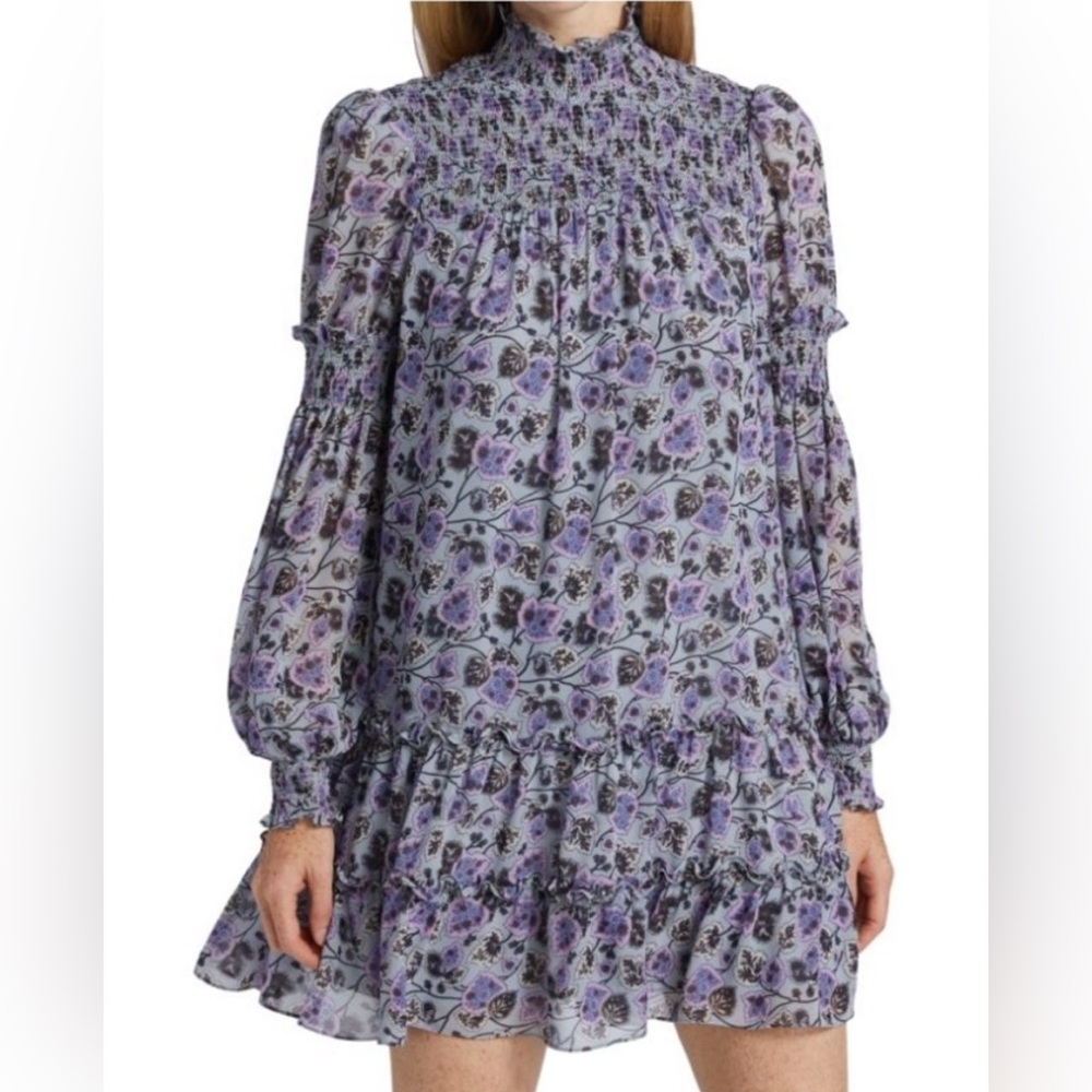 Cinq a Sept Stephanie Floral Smocked Mini Dress - Purple and Black Size 0